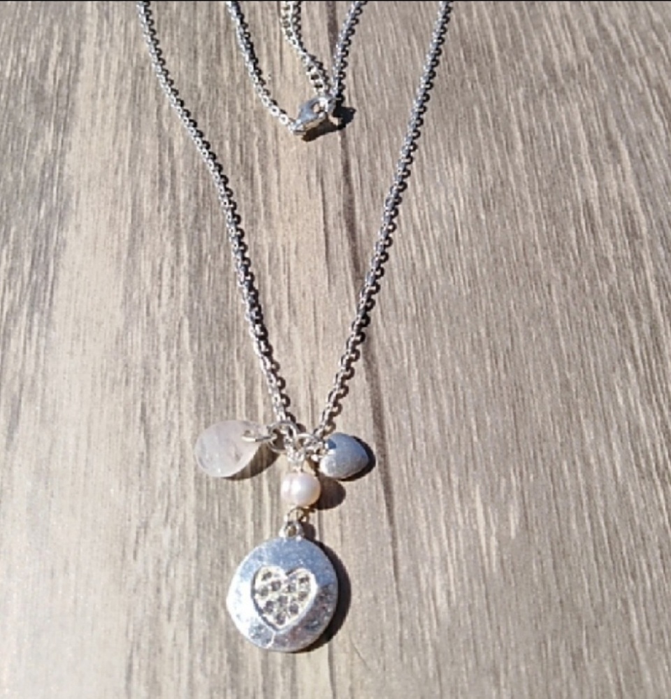 Pearl, Rose quartz, Sterling Silver Charm Necklace